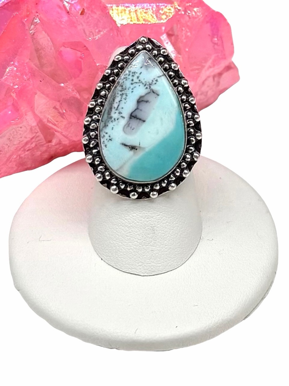 Marine Blue Dendritic Opal Ring Size 7.5 925 Sterling Silver Overlay